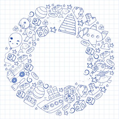 Küçük çocuklar için vektör oyuncakları. Ufo, denizaltı. Çizgi film dinozoru. Anaokulu çocukları.