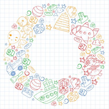 Küçük çocuklar için vektör oyuncakları. Ufo, denizaltı. Çizgi film dinozoru. Anaokulu çocukları.