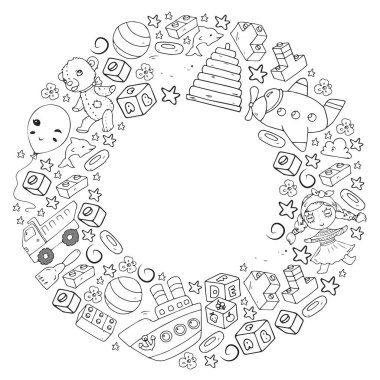 Küçük çocuklar için vektör oyuncakları. Ufo, denizaltı. Çizgi film dinozoru. Anaokulu çocukları.