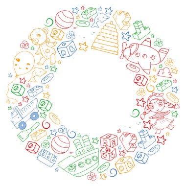 Küçük çocuklar için vektör oyuncakları. Ufo, denizaltı. Çizgi film dinozoru. Anaokulu çocukları.