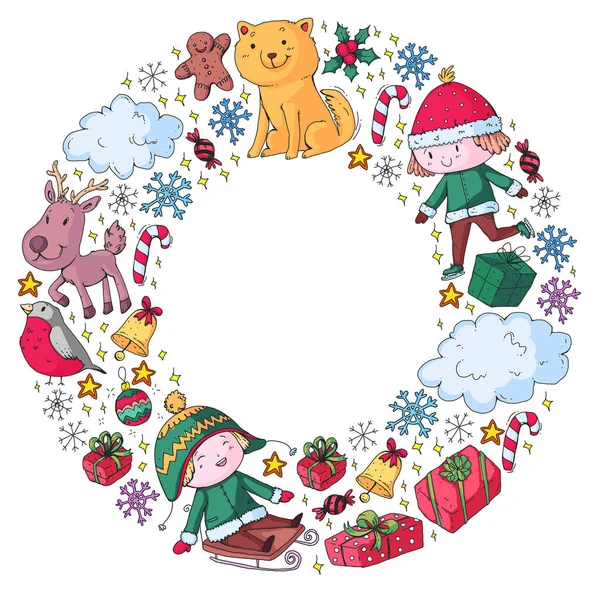 Рождественский зимний векторный фон с детьми. Детский отдых и спорт. — стоковый вектор