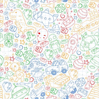 Küçük çocuklar için vektör oyuncakları. Ufo, denizaltı. Çizgi film dinozoru. Anaokulu çocukları.