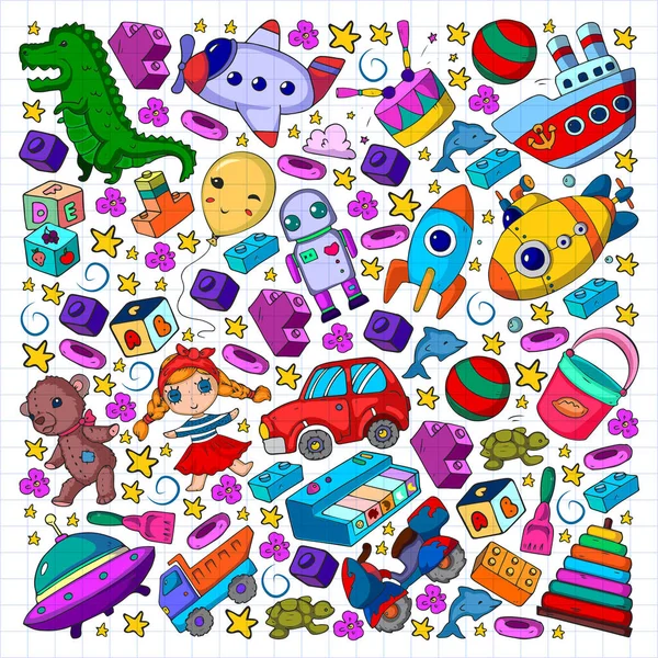 Set of vector toys for little children. Ufo, submarine. Cartoon dinosaur. Kindergarten kids. — Stock Vector
