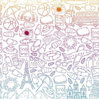 Seyahat simgeleriyle vektör deseni. Harika tatiller, tatiller. Sıcak hava balonu, bavul. Maceralar ve seyahat