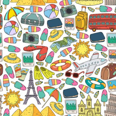 Seyahat simgeleriyle vektör deseni. Harika tatiller, tatiller. Sıcak hava balonu, bavul. Maceralar ve seyahat