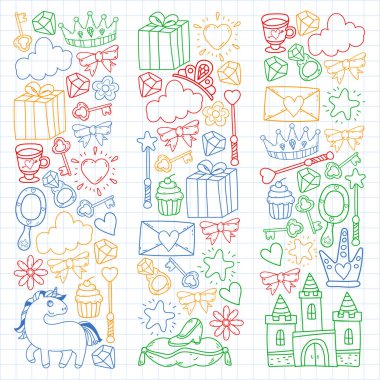 Prenses, fantezi ikonu ve tasarım. Davet ve tebrik kartı ögeleri.