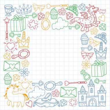 Prenses, fantezi ikonu ve tasarım. Davet ve tebrik kartı ögeleri.