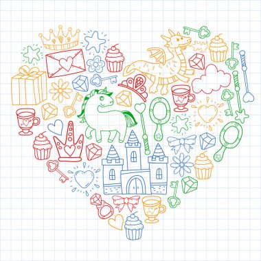 Prenses, fantezi ikonu ve tasarım. Davet ve tebrik kartı ögeleri.