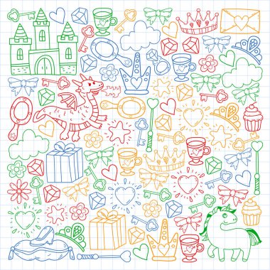 Prenses, fantezi ikonu ve tasarım. Davet ve tebrik kartı ögeleri.