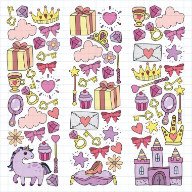 Prenses, fantezi ikonu ve tasarım. Davet ve tebrik kartı ögeleri.