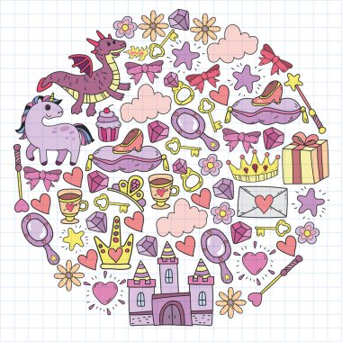 Prenses, fantezi ikonu ve tasarım. Davet ve tebrik kartı ögeleri.