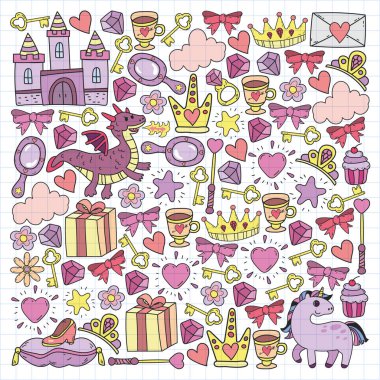 Prenses, fantezi ikonu ve tasarım. Davet ve tebrik kartı ögeleri.