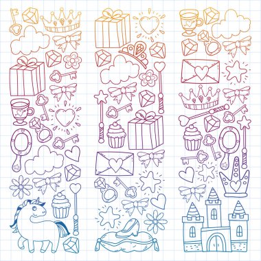 Prenses, fantezi ikonu ve tasarım. Davet ve tebrik kartı ögeleri.