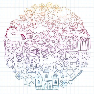 Prenses, fantezi ikonu ve tasarım. Davet ve tebrik kartı ögeleri.