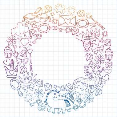 Prenses, fantezi ikonu ve tasarım. Davet ve tebrik kartı ögeleri.