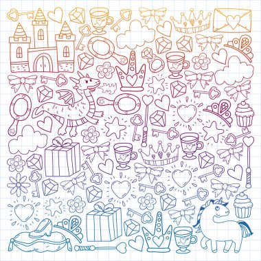 Prenses, fantezi ikonu ve tasarım. Davet ve tebrik kartı ögeleri.