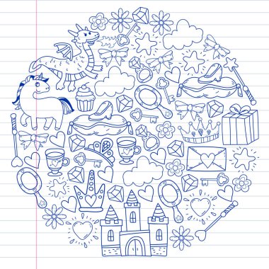 Prenses, fantezi ikonu ve tasarım. Davet ve tebrik kartı ögeleri.