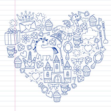 Prenses, fantezi ikonu ve tasarım. Davet ve tebrik kartı ögeleri.