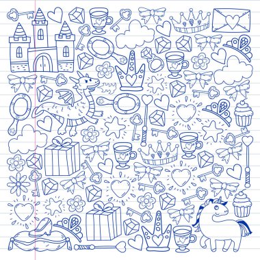 Prenses, fantezi ikonu ve tasarım. Davet ve tebrik kartı ögeleri.