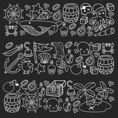 Korsanlığın sembolleri - şapka, kılıç, silahlar, hazine sandığı, gemi, siyah bayrak, neşeli roger amblemi, kafatası ve çapraz kemikler, pusula kostümlü elementler