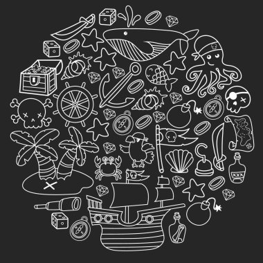 Korsanlığın sembolleri - şapka, kılıç, silahlar, hazine sandığı, gemi, siyah bayrak, neşeli roger amblemi, kafatası ve çapraz kemikler, pusula kostümlü elementler