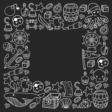 Korsanlığın sembolleri - şapka, kılıç, silahlar, hazine sandığı, gemi, siyah bayrak, neşeli roger amblemi, kafatası ve çapraz kemikler, pusula kostümlü elementler