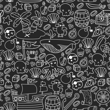 Korsanlığın sembolleri - şapka, kılıç, silahlar, hazine sandığı, gemi, siyah bayrak, neşeli roger amblemi, kafatası ve çapraz kemikler, pusula kostümlü elementler