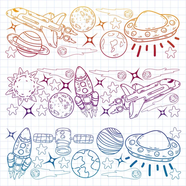 Tierra Luna Júpiter Sol Saturno Vector Doodle Space Pattern — Vector de stock