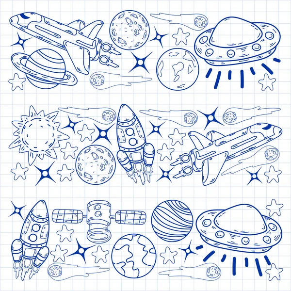 Tierra Luna Júpiter Sol Saturno Vector Doodle Space Pattern — Vector de stock