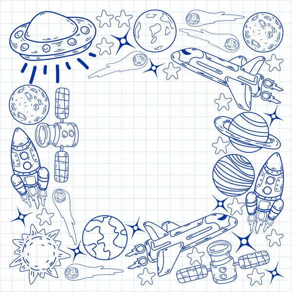 Erde Mond Jupiter Sonne Saturn Vektor Doodle Raummuster — Stockvektor