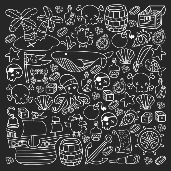 Symbols Piracy Hat Swords Guns Treasure Chest Ship Black Flag — Stock Vector