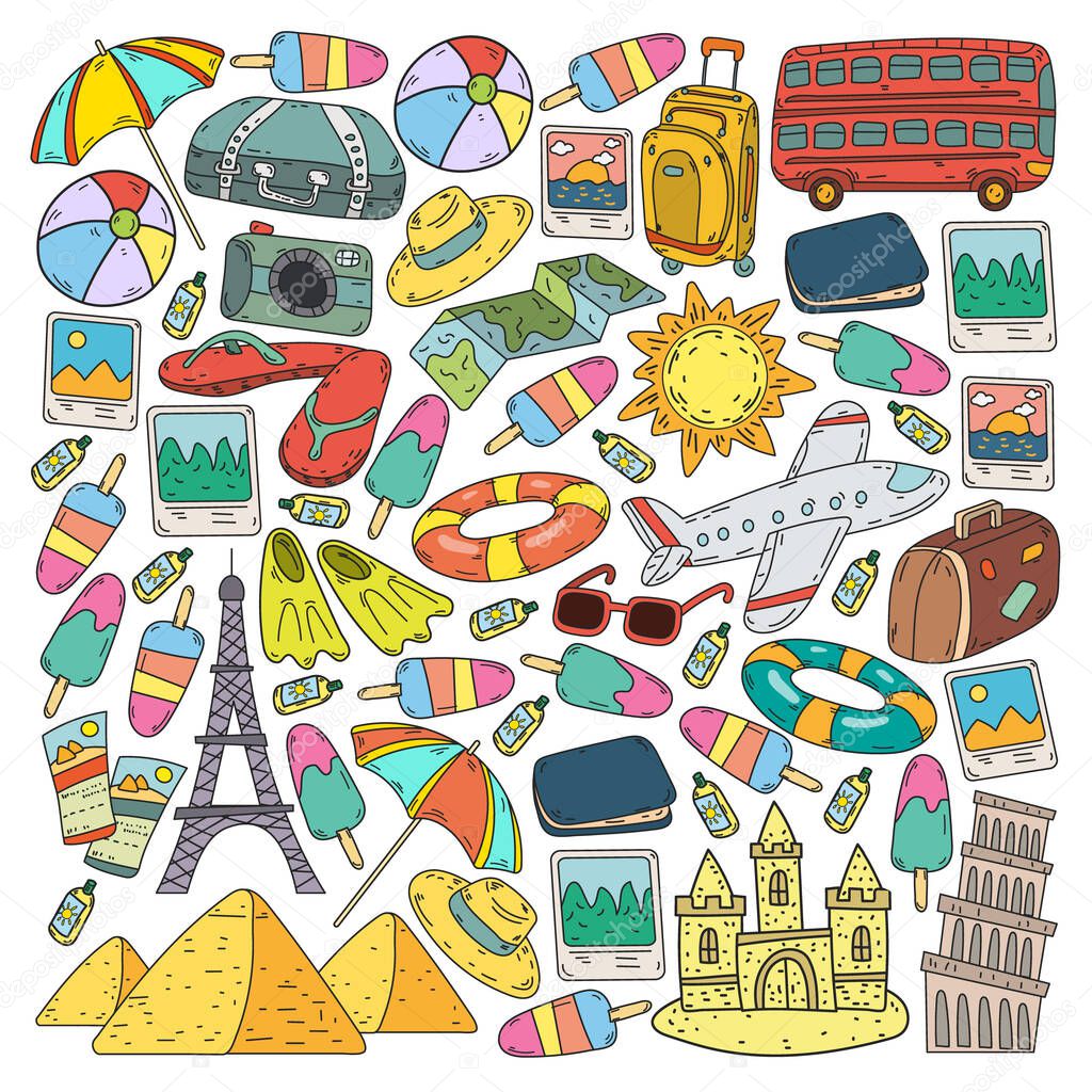 Vector pattern with travel icons. Great vacation, holidays. Hot air balloon, suitcase. Adventures and travel