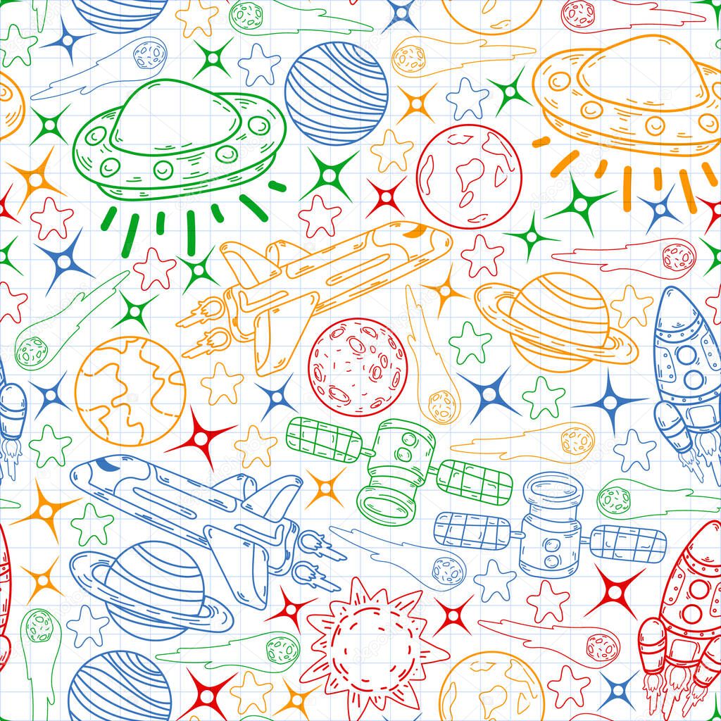Earth, Moon, Jupiter, Sun Saturn Vector doodle space pattern