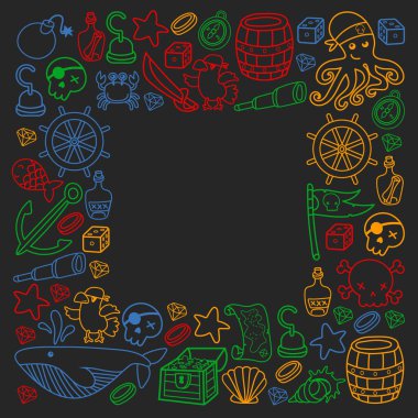 Korsanlığın sembolleri - şapka, kılıç, silahlar, hazine sandığı, gemi, siyah bayrak, neşeli roger amblemi, kafatası ve çapraz kemikler, pusula kostümlü elementler