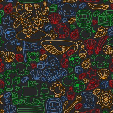 Korsanlığın sembolleri - şapka, kılıç, silahlar, hazine sandığı, gemi, siyah bayrak, neşeli roger amblemi, kafatası ve çapraz kemikler, pusula kostümlü elementler