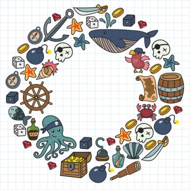 Korsanlığın sembolleri - şapka, kılıç, silahlar, hazine sandığı, gemi, siyah bayrak, neşeli roger amblemi, kafatası ve çapraz kemikler, pusula kostümlü elementler