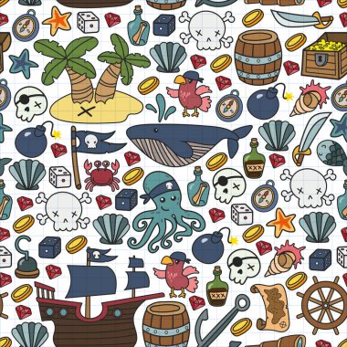 Korsanlığın sembolleri - şapka, kılıç, silahlar, hazine sandığı, gemi, siyah bayrak, neşeli roger amblemi, kafatası ve çapraz kemikler, pusula kostümlü elementler