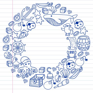 Korsanlığın sembolleri - şapka, kılıç, silahlar, hazine sandığı, gemi, siyah bayrak, neşeli roger amblemi, kafatası ve çapraz kemikler, pusula kostümlü elementler