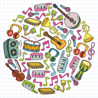 Müzik enstrümanları olan vektör müzik arkaplanı. Rock, piyano, gitar cazı