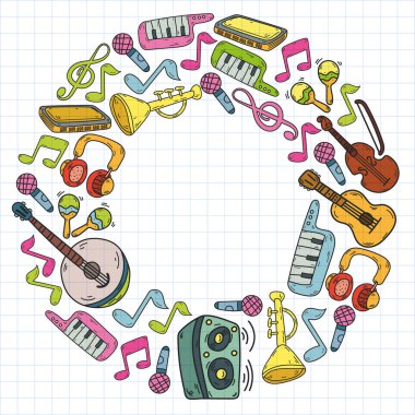 Müzik enstrümanları olan vektör müzik arkaplanı. Rock, piyano, gitar cazı