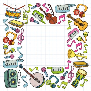 Müzik enstrümanları olan vektör müzik arkaplanı. Rock, piyano, gitar cazı