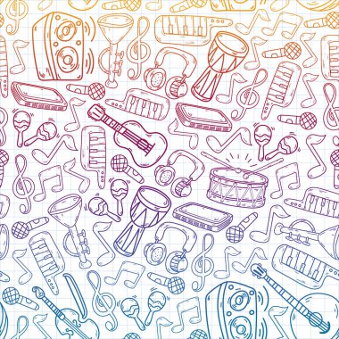 Müzik enstrümanları olan vektör müzik arkaplanı. Rock, piyano, gitar cazı