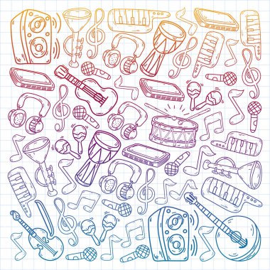 Müzik enstrümanları olan vektör müzik arkaplanı. Rock, piyano, gitar cazı