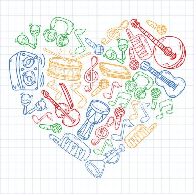 Müzik enstrümanları olan vektör müzik arkaplanı. Rock, piyano, gitar cazı