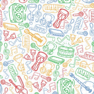 Müzik enstrümanları olan vektör müzik arkaplanı. Rock, piyano, gitar cazı