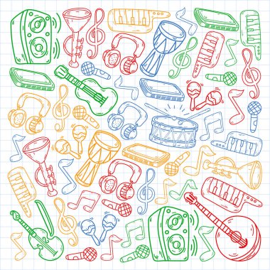 Müzik enstrümanları olan vektör müzik arkaplanı. Rock, piyano, gitar cazı