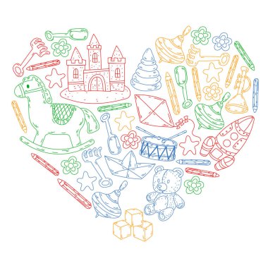 Anaokulu oyuncakları geçmişi. Vektör çizimi. Küçük kızlar ve oğlanlar için ikonlar. El çizimi çocuk çizimleri deseni.