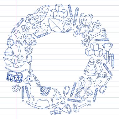 Anaokulu oyuncakları geçmişi. Vektör çizimi. Küçük kızlar ve oğlanlar için ikonlar. El çizimi çocuk çizimleri deseni.