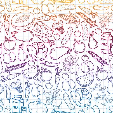 Vektör deseni. Sağlıklı ekolojik organik gıda. Sebzeler, meyveli süt.
