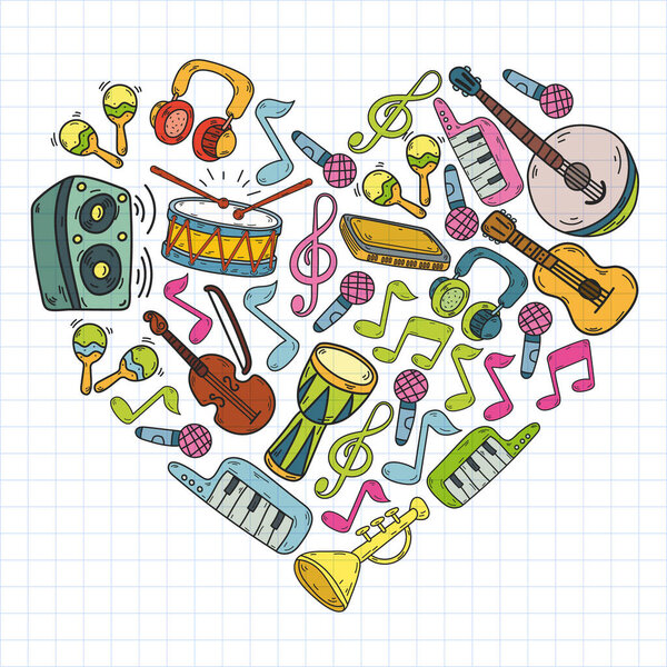 Vector music background with musical instruments. Rock, piano, guitar jazz